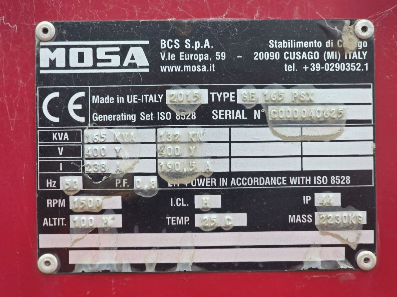 2016 MOSA GE 165 PSX Generator & Auto Transfer Unit